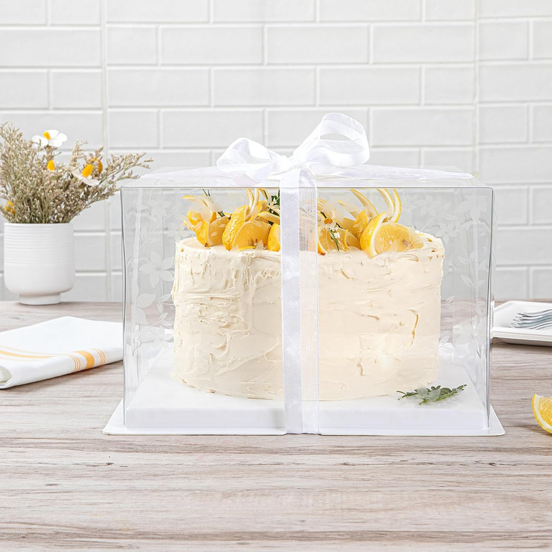 10" Clear Cake Boxes with Gray Ribbon - Floral Design, 10 Pack, Grease-Free gallery