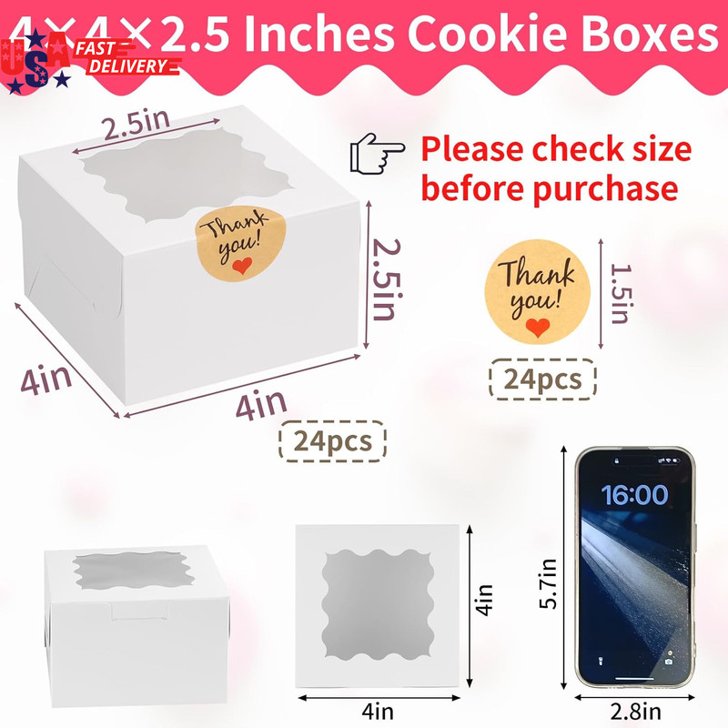 24Pcs White Cookie Boxes, 4X4X2.5 Inches Bakery Boxes with Window, for Mini Cake gallery