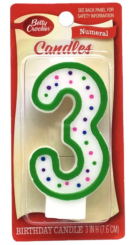 Betty Crocker Numeral Candles #3 Birthday Cake Candle White with Green 3 inch