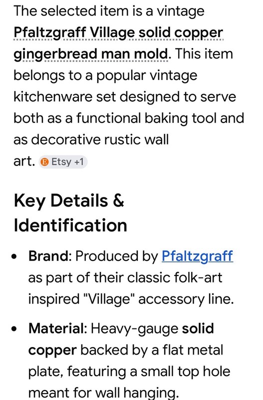 VTG PFALTZGRAFT SOLID COPPER GINGER BREAD MAN ONLY COOKIE CUTTER WALL HANGING gallery