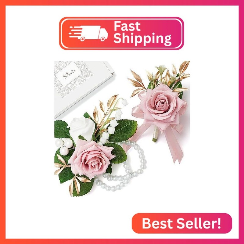 Serwalin Pink Corsage and Boutonniere Set, Prom Corsage and Boutonniere Set of W