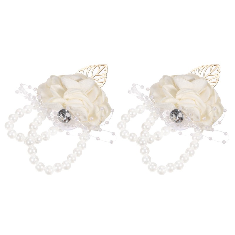 2pcs Wrist Corsage Artificial Flower Bracelet Rose Decorative 9x7cm Light Yellow