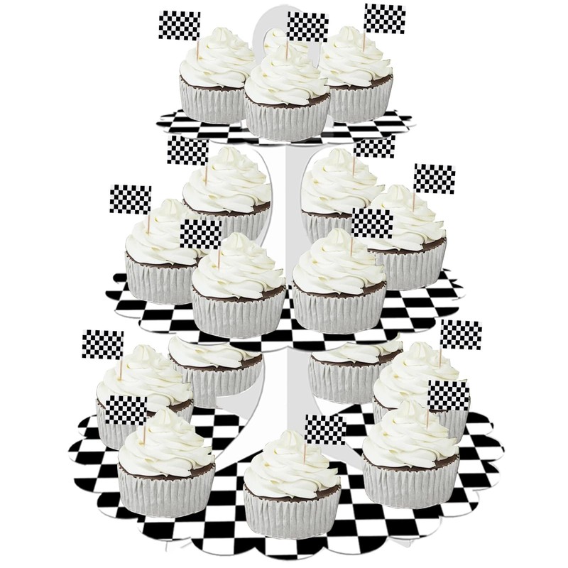 3-Tier Racing Theme Cupcake Stand,Cars Theme Decoration,Black White Checkered... gallery