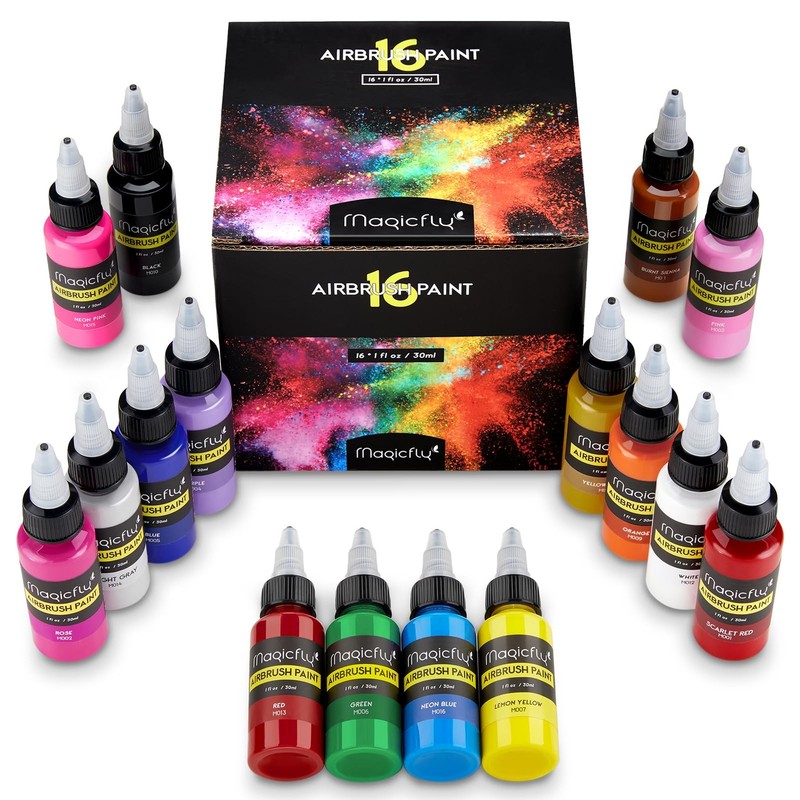 Magicfly Airbrush Paint, 16 Colors Acrylic 1 Fl Oz (Pack of 16), Black