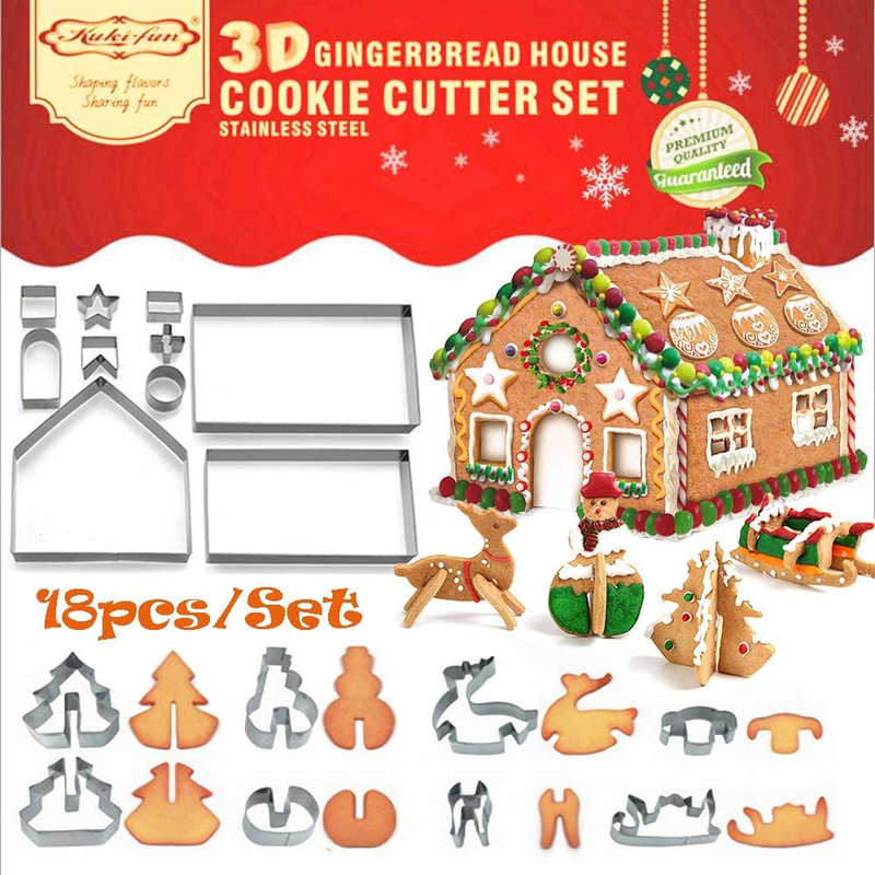 18 PCS Gingerbread House Cookie Cutter Set, 3D Stainless Steel Christmas House F