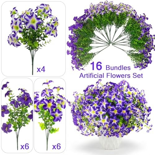 Pcs Faux Petunias Artificial Flowers for Outdoors, UV Resistant Fake 16 Purple gallery