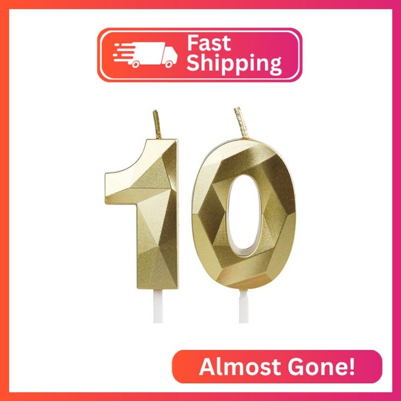 Number 10 Candles,10th Birthday Candles,Gold Happy Birthday Candle for Cake,3D D