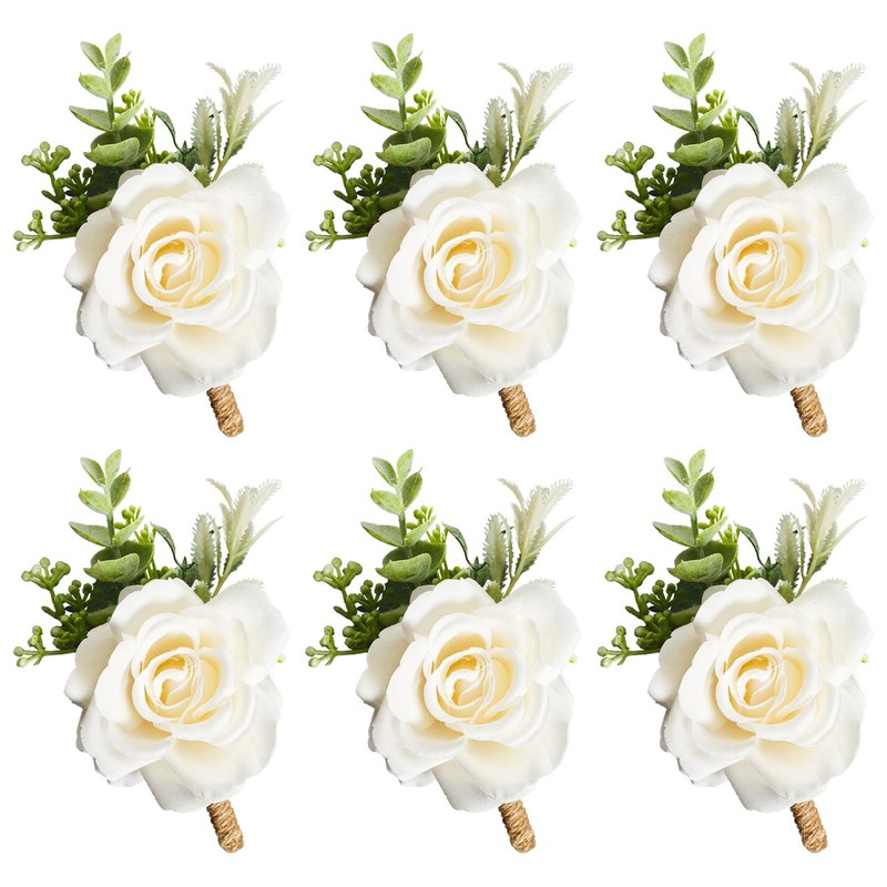 Gvhntk Ivory Rose Boutonniere For Men Wedding Set Of 6 Groom Groomsmen Best Man