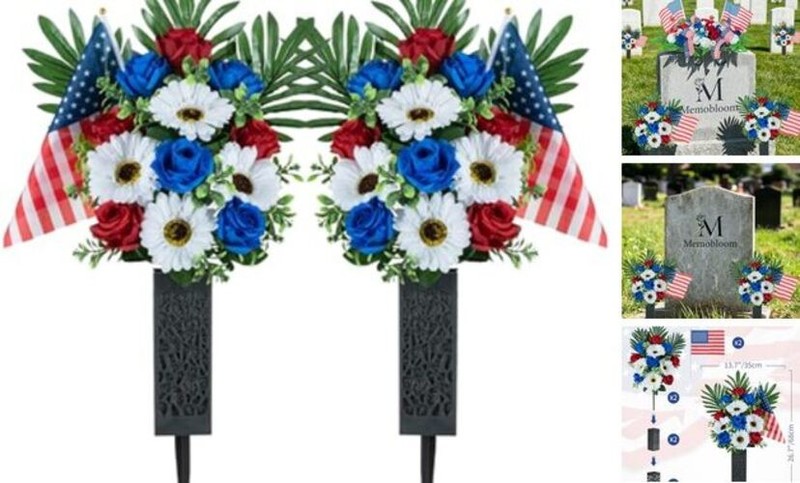 Memorial Day Flowers for Cemetery: 2 Pcs Outdoor Grave 250th Red & White & Blue