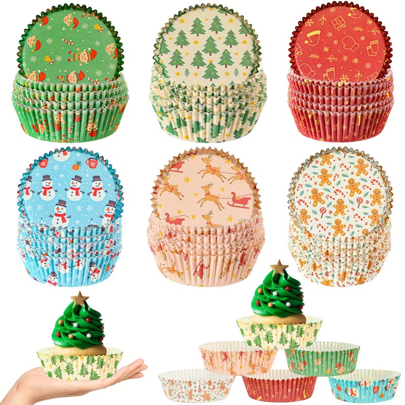 300 PCS Winter Snowman Jumbo Cupcake Liners 6 Styles Baking Paper Cups 3.5 In