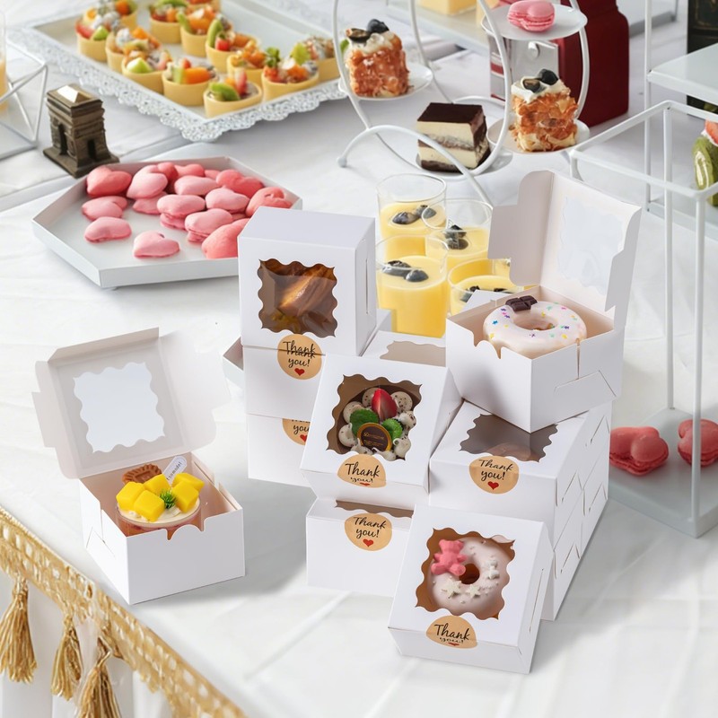 50Pcs Cookie Boxes with Window, 4X4X2.5 Inches Bakery Boxes with 50Pcs Stickers gallery