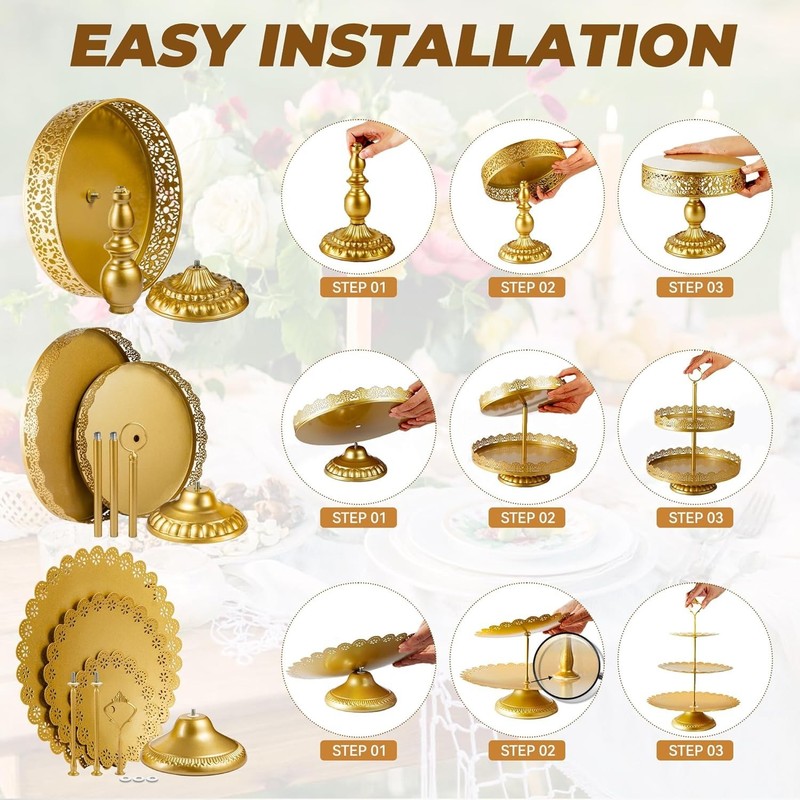 Sturdy Gold Tiered Cake Stand Set with Lace Design - 11 Pieces gallery