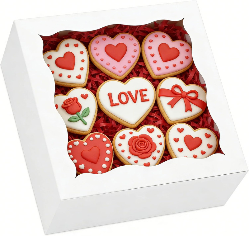 20pcs Cookie Boxes with Window 6x6x3 Inch Bakery Boxes Treat Box Chocolate Straw
