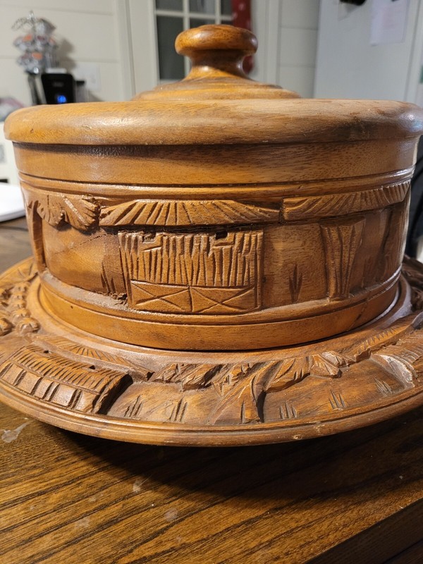 vintage wooden cake stand, hand carved with lazy susan, small Crack on lid gallery