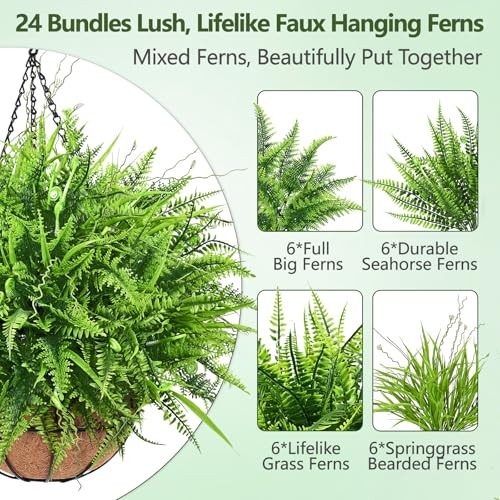 Artificial Hanging Ferns for Outdoors, UV Resistant Fake Mixed 2 Pack Green gallery
