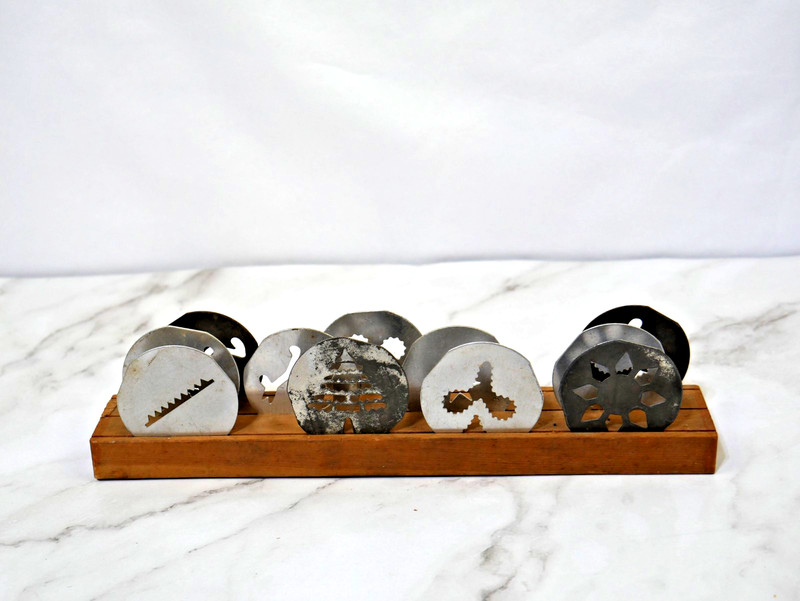 Lot of 11 Cookie Press Shapes /Discs & Wood Block Holder Mirro Cooky Vintage