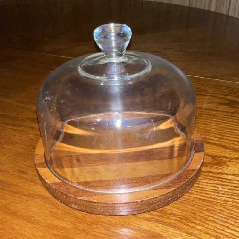Goodwood Round Brown Wood & Clear Glass Cake Stand with Lid and Wooden Base