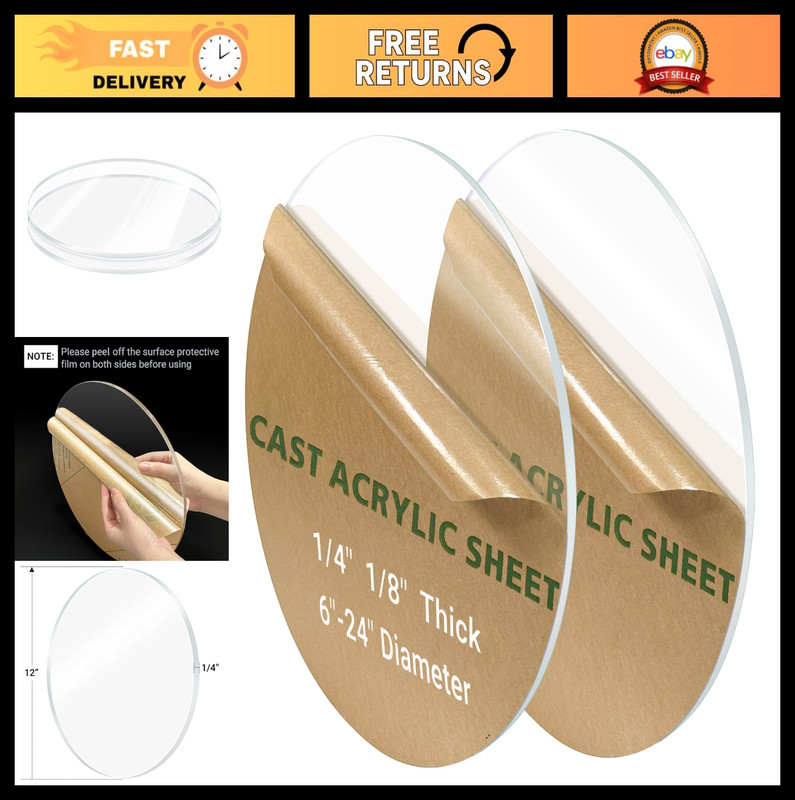 2 Pack 1/4″ Clear Acrylic Circle Sheets, 12″ Round Plexiglass Cake Disks, Table