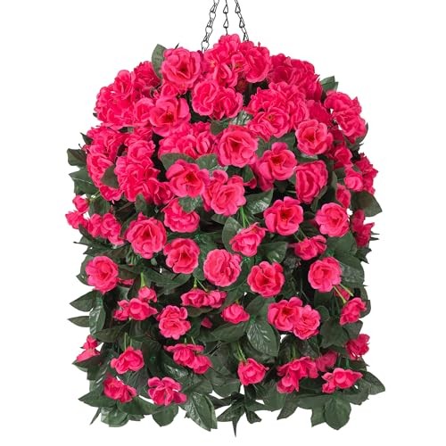 Artificial Geraniums Faux Hanging Plants Flowers Basket for Outdoors, Hotpink