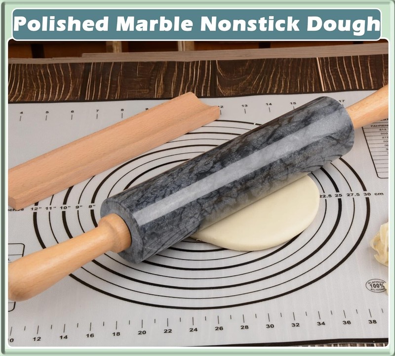 9.84-Inch Marble Rolling Pin Set with Wooden Cradle - Premium Baking Essential gallery