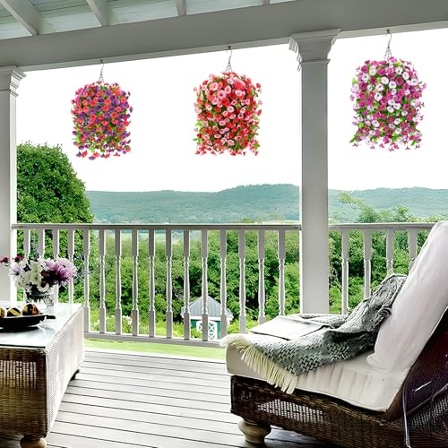 Artificial Faux Hanging Flowers Plants Baskets for Outdoor Spring - Red Purple gallery