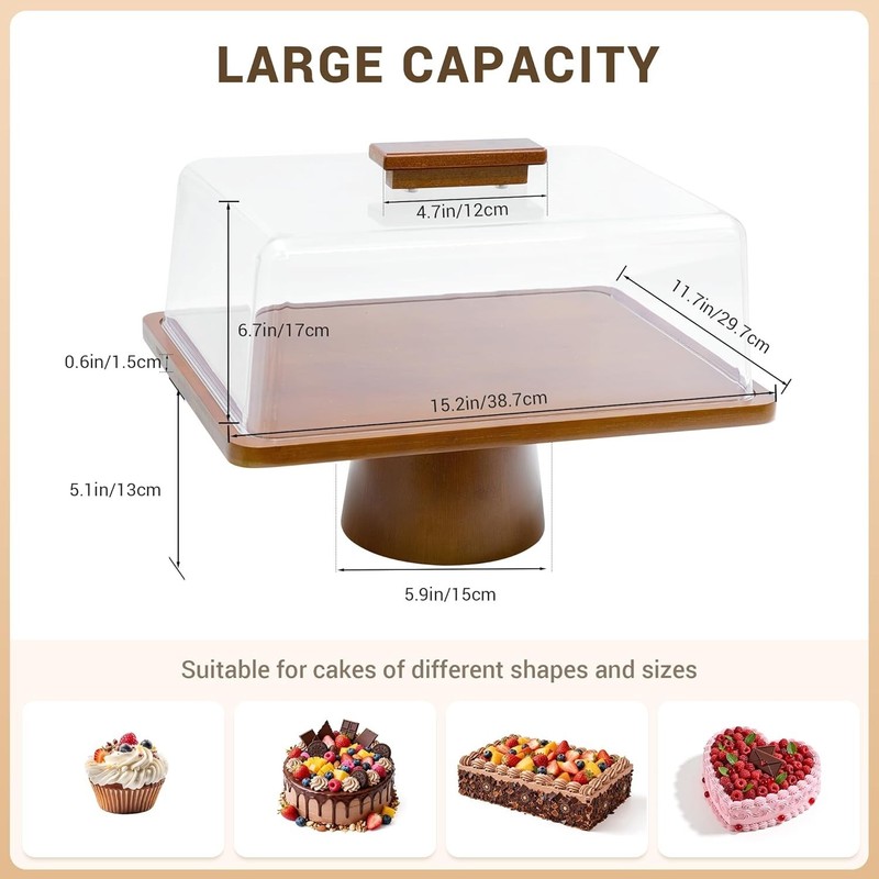 Wood Cake Stand W/ Lid Rectangular Cake Holder 2-in-1 Dessert Table Display Set gallery