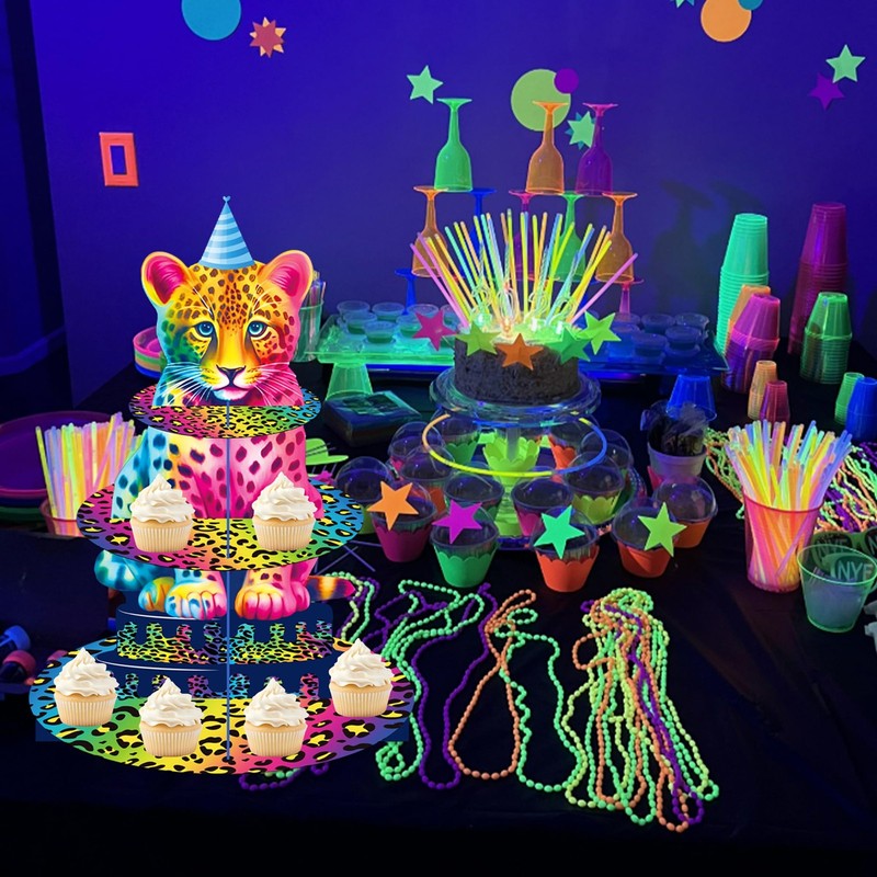 Rainbow Neon Leopard Cupcake Stand Cheetah Birthday Party Decorations 3 Tiers... gallery