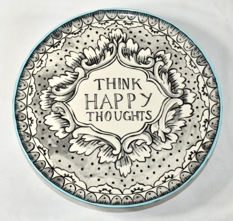 Molly Hatch Anthropologie Think Happy Thoughts Cake Stand Plate 14″ Collectible