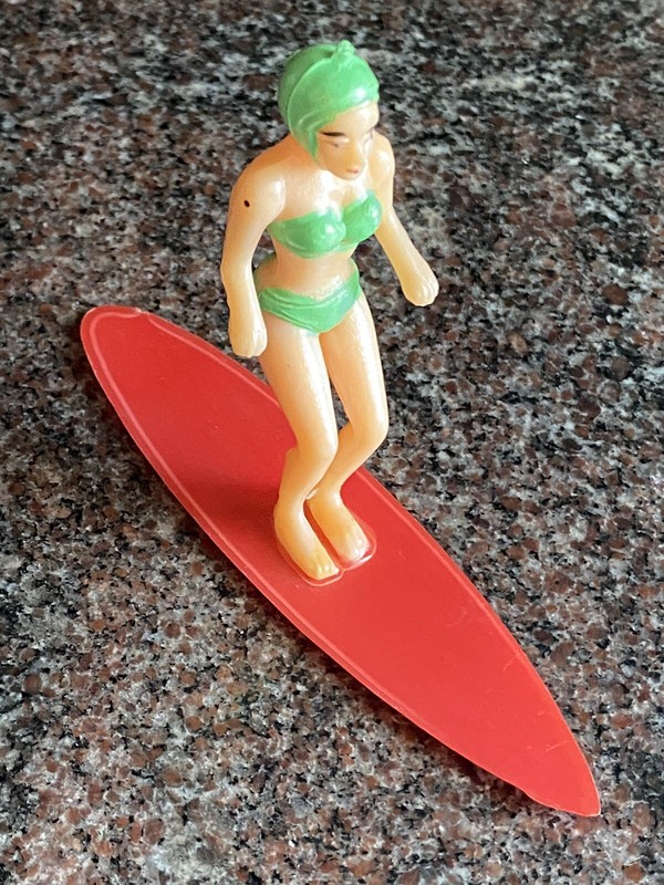 Vintage Surfer Cake Topper Lady Female on Surfboard Figure 60’s Bathing Suit