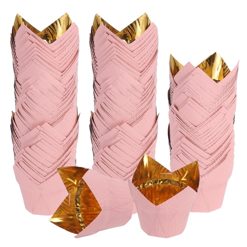 100Pcs Tulip Baking Cups Cupcake Muffins Liners Aluminum Foil Paper Gold/Pink