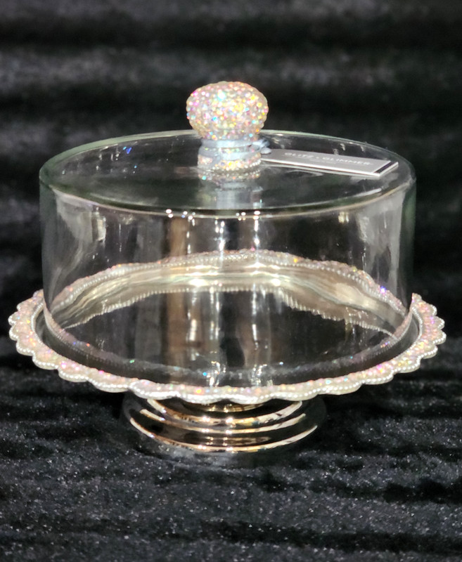 Silver Crystal Rhinestone Glass Pastry Cheese Dome 8" Cloche Round Deco FABULOUS
