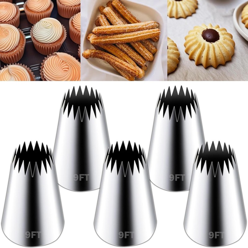 Stainless Steel Churro Piping Tips, 5 Pieces | 9FT Large Piping Tip, Churro