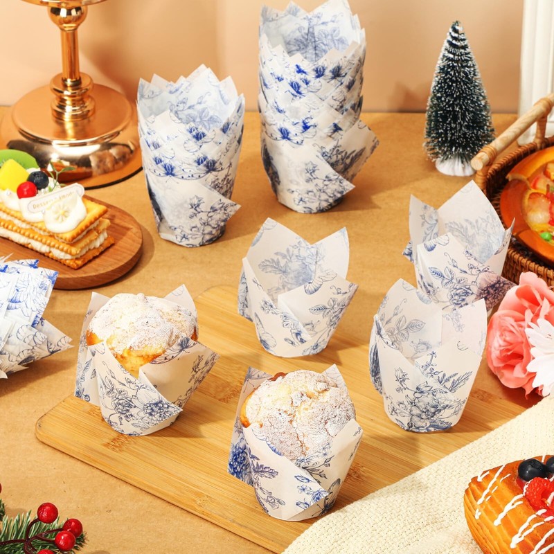 Gerrii 200 Pcs Chinoiserie Blue White Flower Tulip Cupcake Liners Paper Mini ... gallery