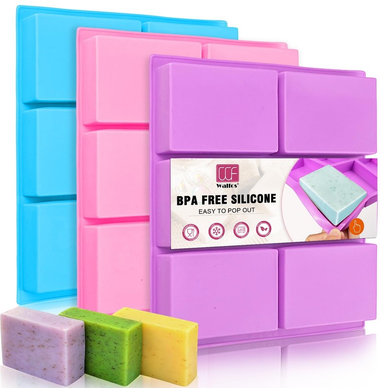 Walfos Silicone Soap Molds Set of 3pcs Colorful, Pink+blue+purple/rectangle