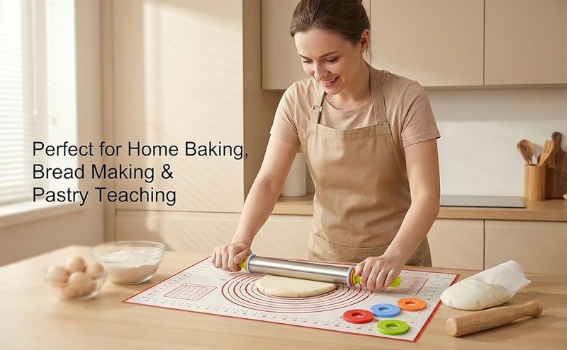 3 in 1 Set of Rolling Pin with handle + Pastry Baking Mat + Kneading Bag, gallery