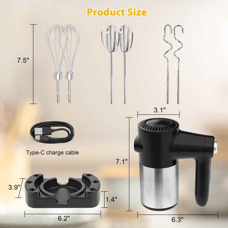 Cordless Hand Mixer, Digital Display 7 Speed Rechargeable Electric Mixer Hand... gallery