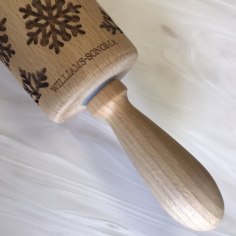 new Williams Sonoma Wooden ROLLING PIN Embossed SNOWFLAKES Christmas Holiday 17" gallery