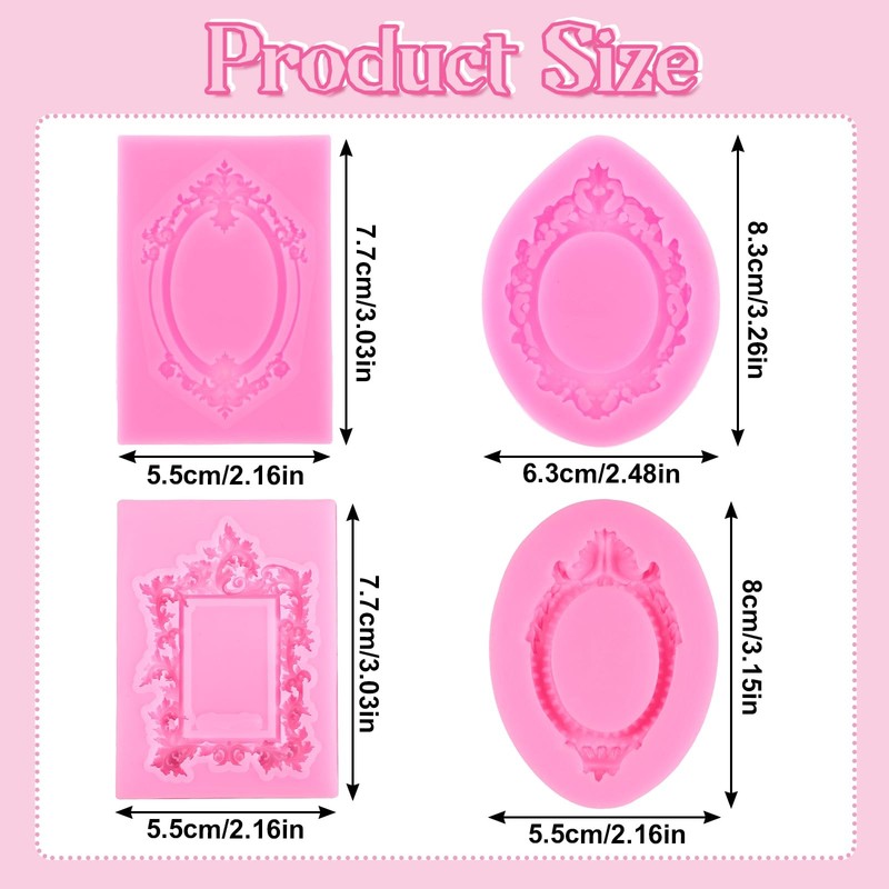 4 Pcs Baroque Style Photo Frame Silicone Molds for Clay Chocolate Candy gallery