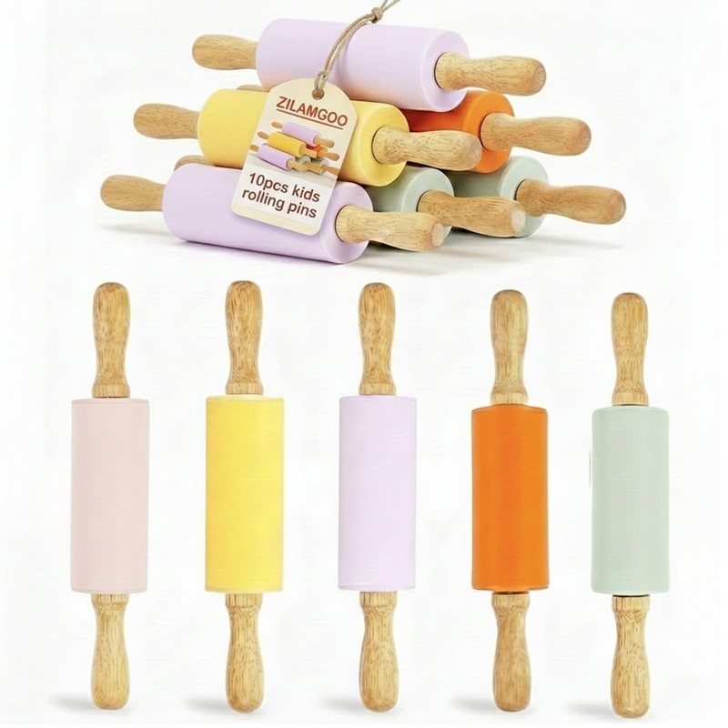 10 PCS 9 Inch Small Silicone Rolling Pins Kids Wooden Handle Baking Dough