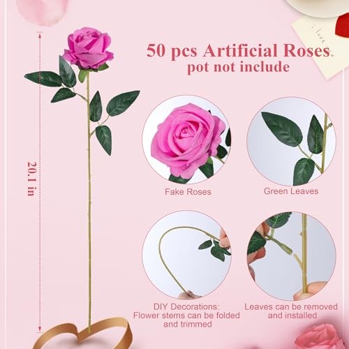 50 PCS Roses Artificial Flowers, Fake Roses with Stem Realistic Hot Rose Red gallery