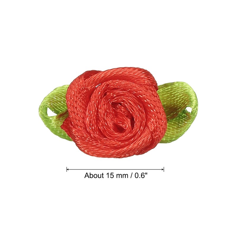 Mini Ribbon Roses, 100 Pcs Tiny Satin Fabric Flowers with Green Leaves, Red gallery