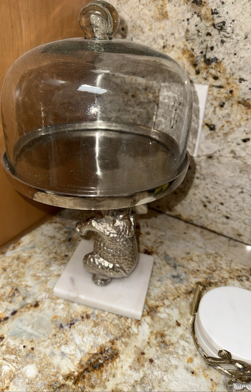 Glass Cake Stand with Textured Elephant Base, Marble Square Base & Lid