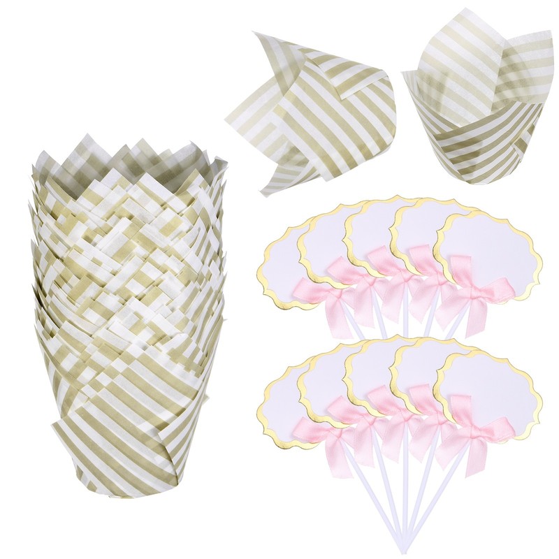 100Pcs Tulip Cupcake Liners with 10Pcs Cheese Markers Striped Liners, White