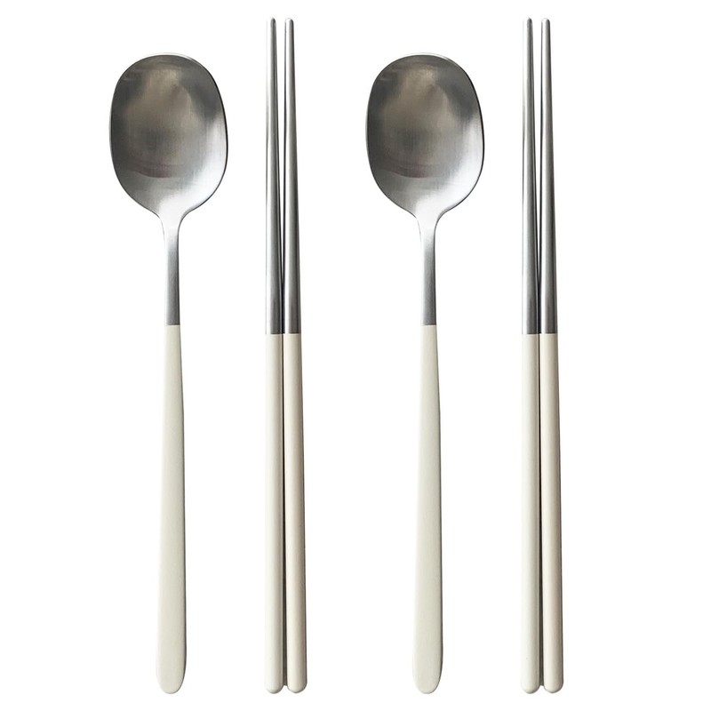 2 PCS Ivory Korean Style Cutlery Stainless Steel Spoon Chopsticks Set
