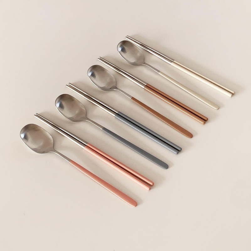 2 PCS Ivory Korean Style Cutlery Stainless Steel Spoon Chopsticks Set gallery