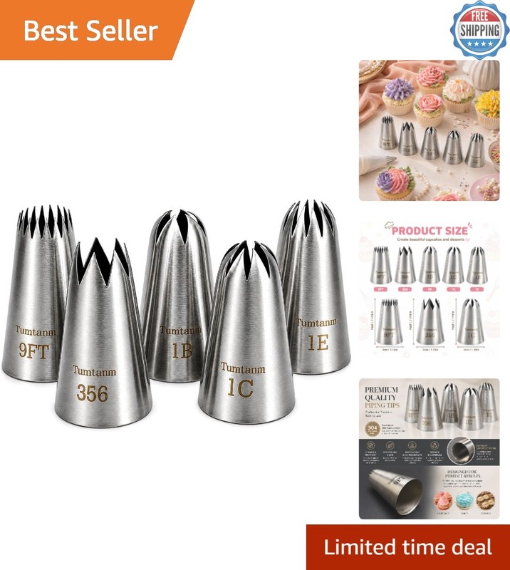 Professional Piping Icing Tips – 5 Pack Seamless 30mm Stainless Steel Nozzles