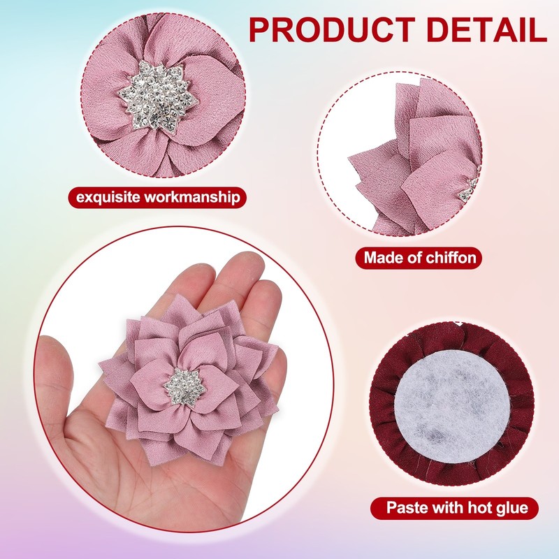 3 Inch 10 Pcs Rhinestone Pearl Chiffon Flower, Dark Pink gallery