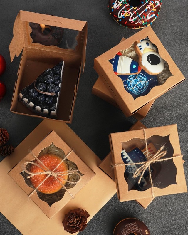 200 Pcs Brown Bakery Boxes with Window - 4"x4"x2.5" Macaron & Donut Containers gallery