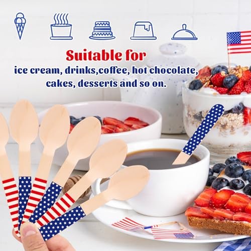 120 Pcs Patriotic Wooden Spoons Red Blue American Star Stripe Disposable gallery