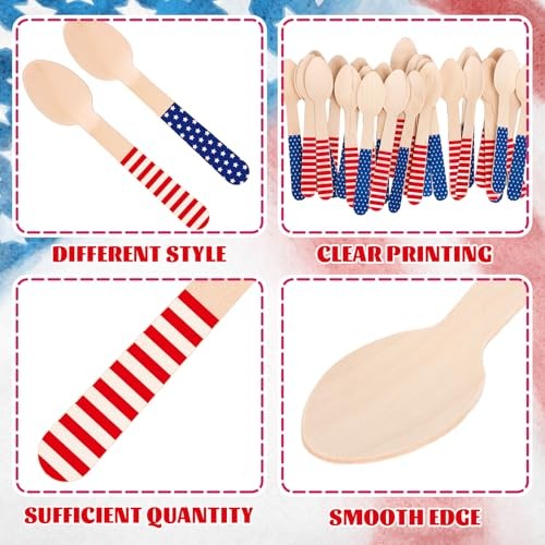 120 Pcs Patriotic Wooden Spoons Red Blue American Star Stripe Disposable gallery